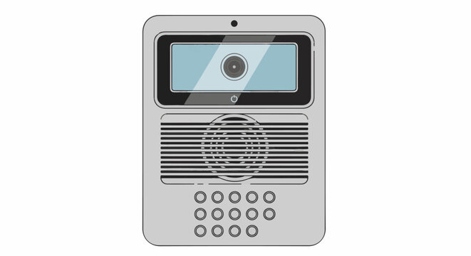 Gray intercom with screen, camera, speaker, and keypad
