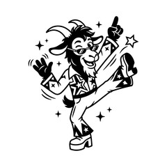 Obraz premium Dancing disco goat character wearing sunglasses and a star-patterned suit in a black and white illustration animal mascot funny animal party animal music