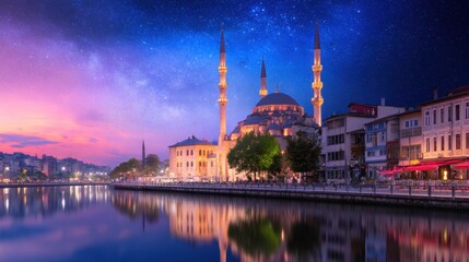 Obraz premium A stunning night scene featuring a mosque by a river under a starry sky with vibrant colors