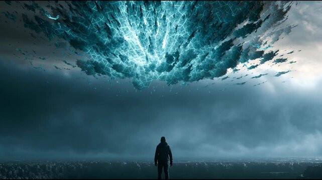 Lone figure facing a giant glowing stock chart rising from a dark abyss.