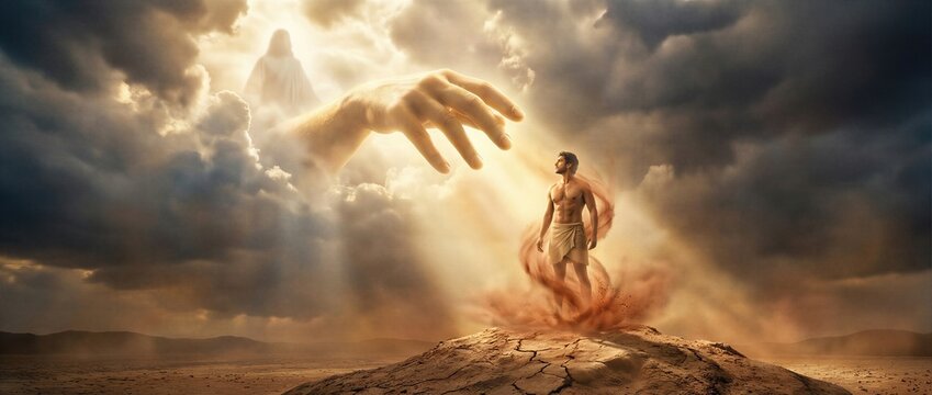 Giant hand of God creating man from dust of earth. Biblical scene of creation in Genesis. Divine power, miracle of life and spiritual awakening. Concept of faith and divinity. Banner with copy space
