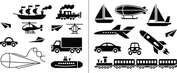 Silhouette transportation vehicles, airplanes helicopters ships trains cars rockets, travel icons, land air sea space transport, vector design illustration © MOSTSHAHANAJ
