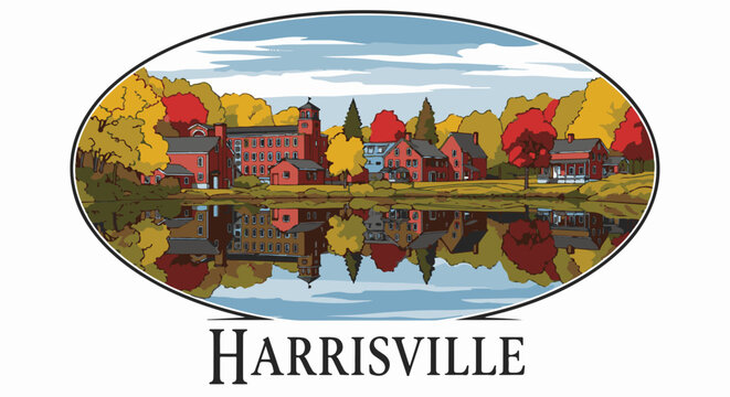 Historic town buildings and autumn foliage reflected in calm water, an oval emblem
