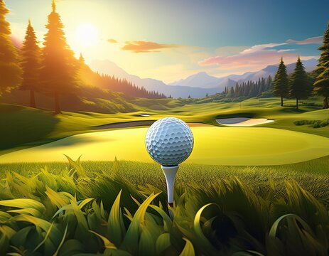 a breathtaking golf banner with a golf ball on a tee capturing the essence of a perfect day on the course amidst rolling green hills and vibrant flora generative ai