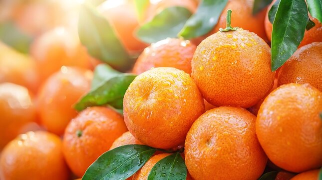 Segar dan Manis, Jeruk Mandarin Basah dengan Daun Hijau Alami Terkena Sinar Matahari Pagi yang Hangat