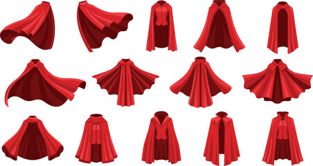 Red superhero capes vector collection with flowing fabric costume designs for fantasy hero and carnival projects © Prodip