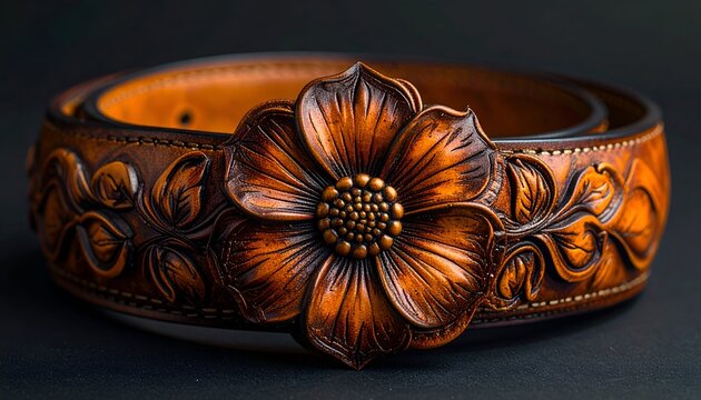 Ornate leather belt featuring a tooled floral buckle and floral pattern