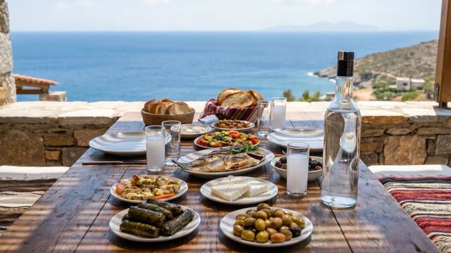 Traditional Turkish meze table with assorted appetizers, olives, bread, and drinks overlooking a scenic seaside terrace.