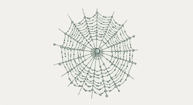 Intricate spider web with glistening dew drops, delicate strands against a pale background