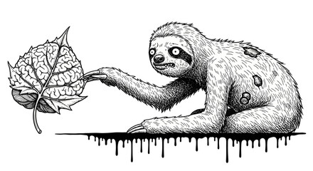 Fototapeta premium Creepy Sloth Holding a Brain Leaf Illustration.