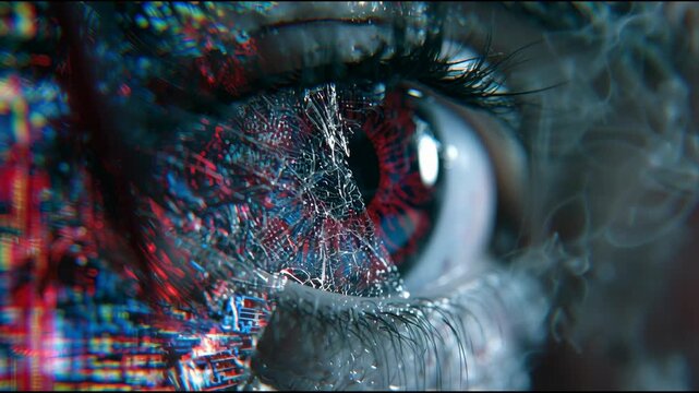 Pale robotic eye looking through a cracked screen with neon crypto data.