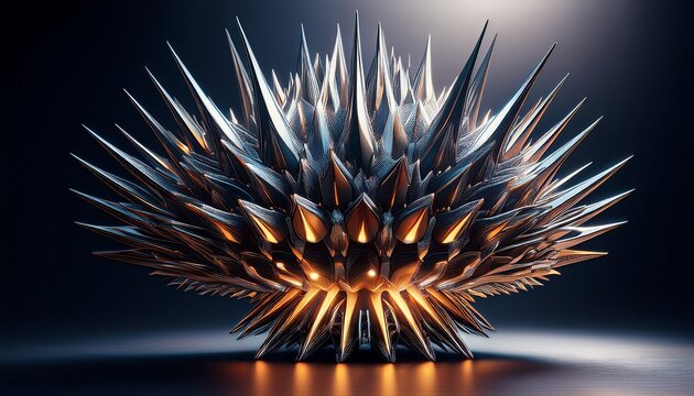 spiky metallic object with a dark futuristic appearance bold sci fi abstract concept dramatic futuristic form with strong symmetry and premium detail dark studio atmosphere realistic lighting
