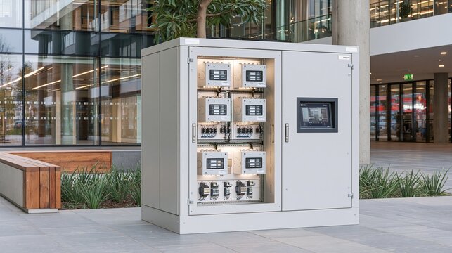 Architectural lighting control enclosure in a modern building featuring compact dimmer boxes and relays managing dynamic indoor and outdoor illumination.