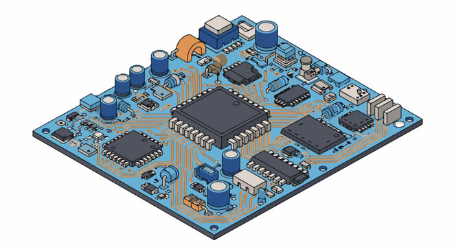 Isometric view of a complex circuit board with many electronic components