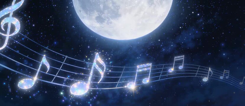 Enchanting Musical Notes Flowing Under the Ethereal Moonlight in a Starry Night Sky