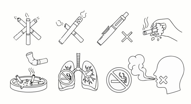 Illustrations depict smoking cessation and health warnings, with items like cigarettes, vapes, lungs, and ashtrays