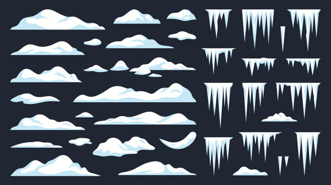 Assortment of wintery elements, including snowdrifts and icicles, ideal for seasonal design and decoration