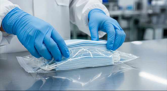 Scientist packing surgical masks in clean room factory environment