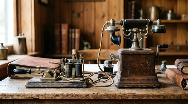 Vintage Telegraph Key and Antique Wooden Telephone on Rustic Desk