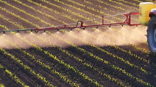 Aerial view of crop sprayer working on a corn field at sunset. Spring day beautiful landscape, rural scene. Drone shot of spraying corn to the increase crop yield.