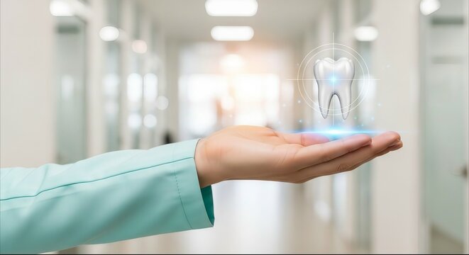 Hand holding digital hologram of healthy tooth in clinic