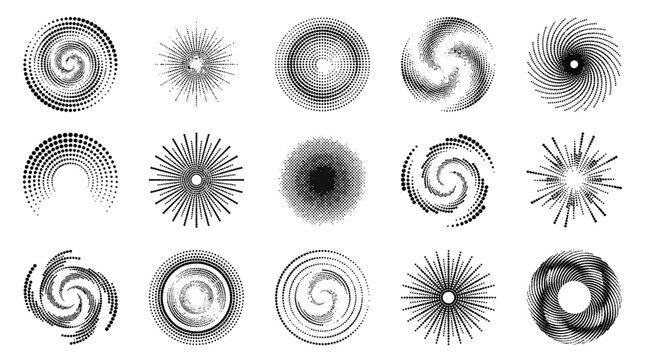 Abstract circular patterns with spiral and radial elements, digitally rendered in black and white for versatile graphic design applications