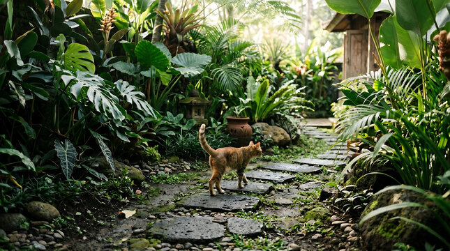 Ginger cat strolls down a stone path in a lush tropical garden