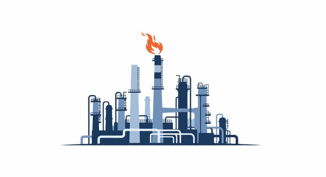 Industrial complex with smoking flare stack and intricate pipework