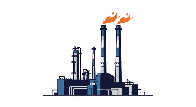 Industrial complex with tall chimneys emitting orange flames against a white background