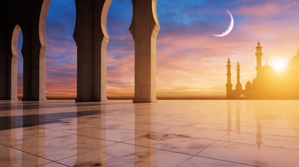 Fototapeta premium A tranquil scene showing an archway with a sunset silhouette of a mosque and crescent moon