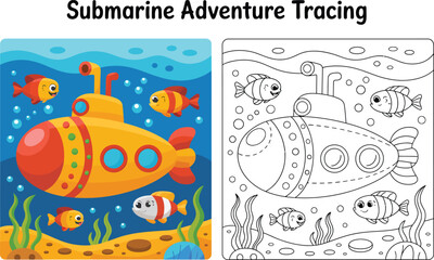 Fototapeta premium Submarine adventure tracing sheet with colorful illustration and outline for kids pre school activity book color page drawing page line art submarine underwater activity education