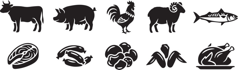 Meat and Livestock Icons Set: Farm Animals and Food Products © Vector 4 You