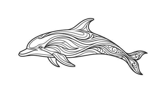 Detailed tribal dolphin line art for coloring book.