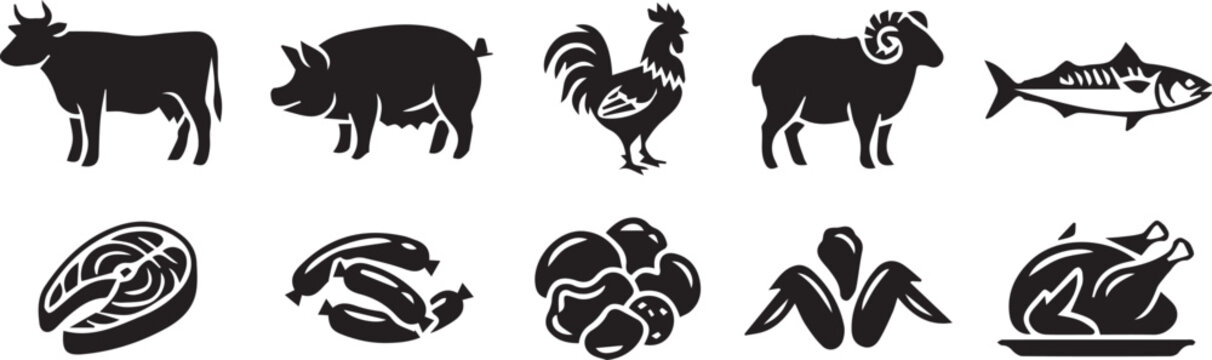 Meat and Livestock Icons Set: Farm Animals and Food Products