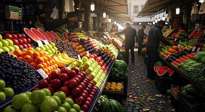 Fresh organic fruits displayed at a busy traditional street market stall