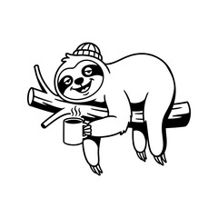 Fototapeta premium Lazy cartoon sloth relaxing on a branch with coffee relaxing character illustration peaceful beverage comfortable wildlife lifestyle hangover