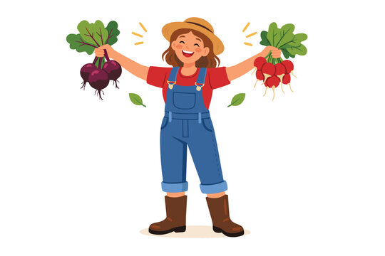 Happy Female Farmer in Denim Overalls and Straw Hat Holding Freshly Harvested Organic Beets and Radishes, Joyful Woman Celebrating Successful Crop Harvest, Agriculture and Gardening Vector Art