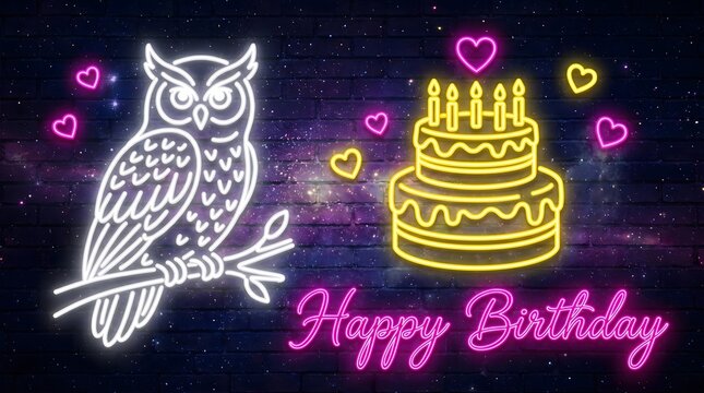 Happy birthday neon sign with owl and cake