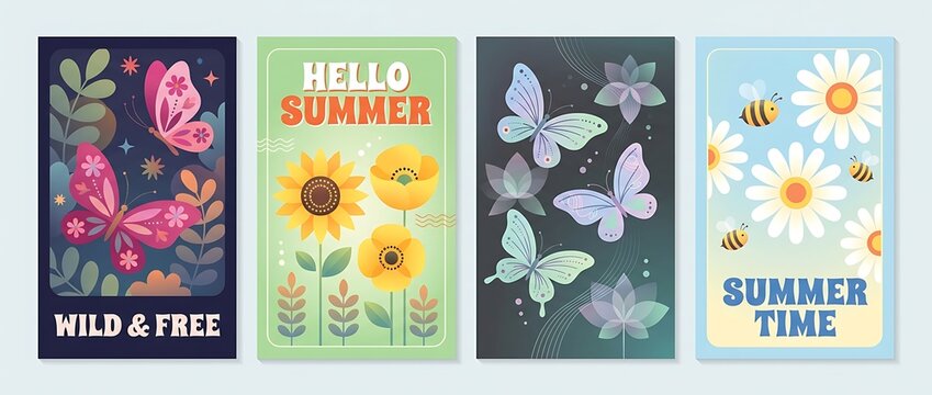 Four summer themed posters with butterflies, flowers, bees, and text like wild free hello summer and summertime, showcasing nature and season.