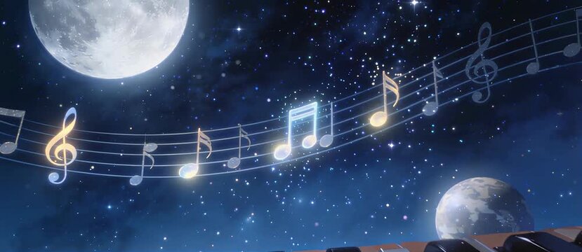 Whimsical musical notes dance across a starry night sky, illuminating the cosmos with their enchanting melody, under the glow of a luminous moon