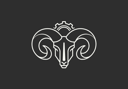 Line art ram head logo with mechanical gear
