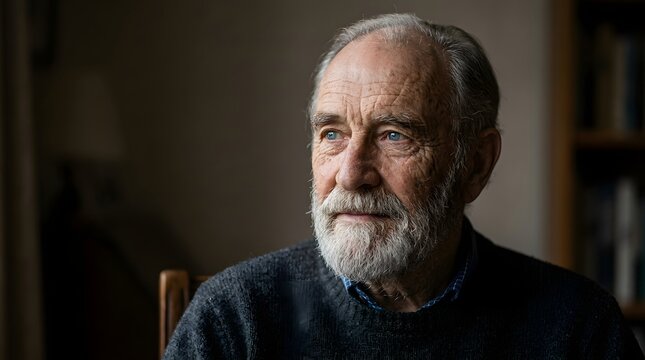 Elderly Caucasian man with gray beard and blue eyes, detailed facial texture, dramatic soft lighting, neutral background