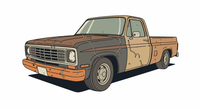 Illustrated, weathered, two-tone pickup truck with visible damage and cracks