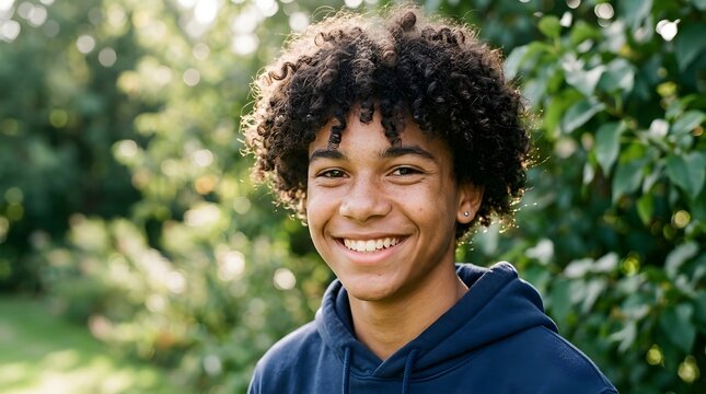 Close-up portrait of mixed race teenage boy with curly hair, authentic smile, natural daylight, shallow focus