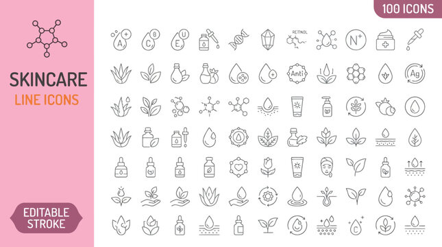 A collection of editable skincare line icons featuring various beauty and cosmetic symbols. , jpg, vector icons file, png,