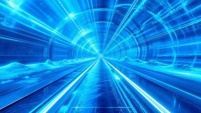 光のビームが幾何学模様と現代アートを際立たせる,未来的な青いトンネル
