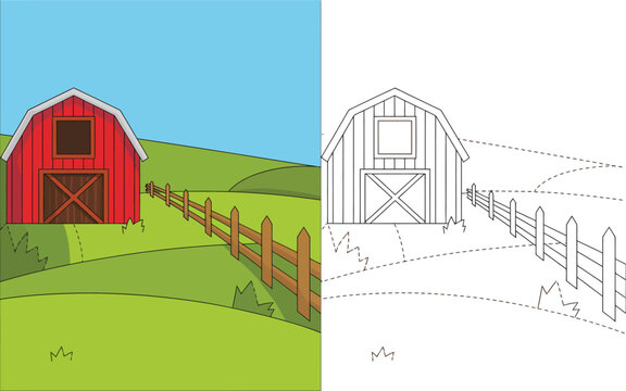 Red barn on a grassy hillside with a wooden fence under a blue sky with clouds a dotted outline for tracing dot to dot coloring page white background animal shelter building countryside