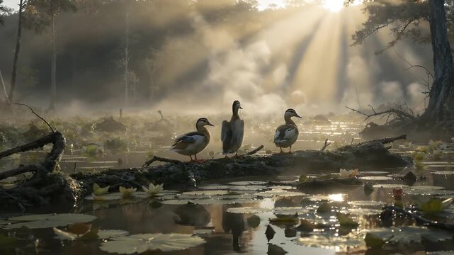 Three ducks standing on a fallen log in a misty pond with water lilies as one duck flaps its wings while morning sun rays shine through the trees