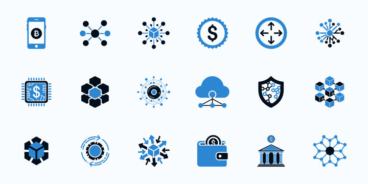 Blockchain technology and cryptocurrency network icons featuring digital finance systems decentralized data processing cloud computing smart contracts global transactions and wallet security.