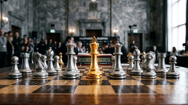 Chess pieces on board in a grand hall with spectators